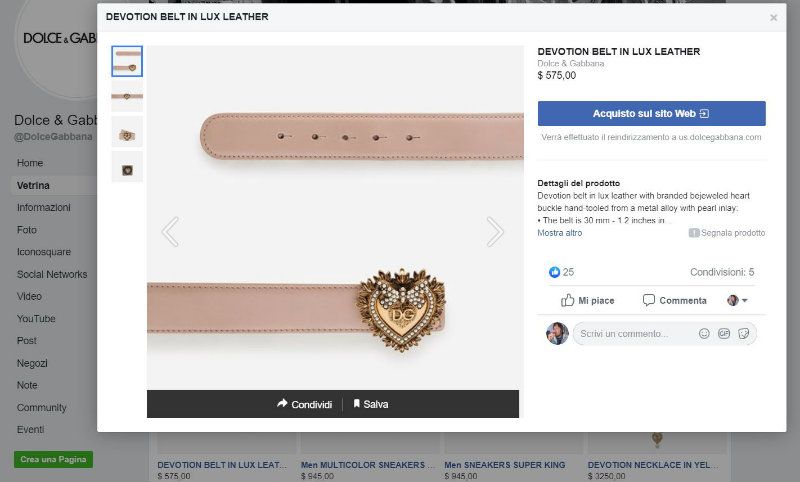 Vetrina su Facebook: visualizzazione prodotti