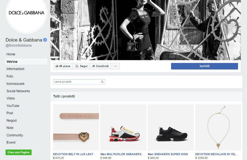 Vetrina prodotti su Facebook