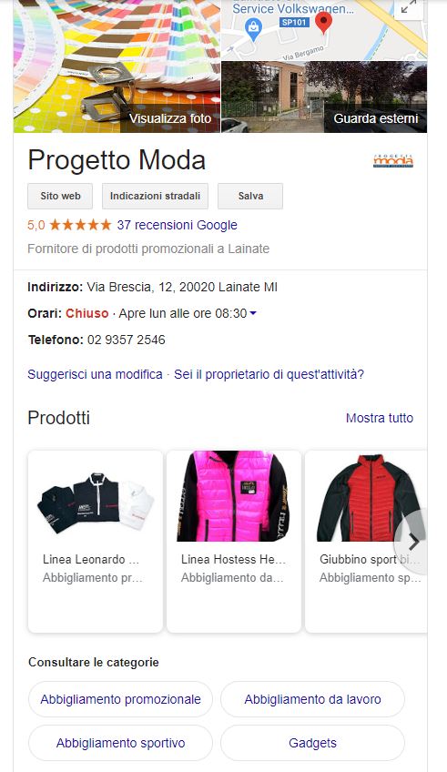 Vetrina prodotti su Google My Business